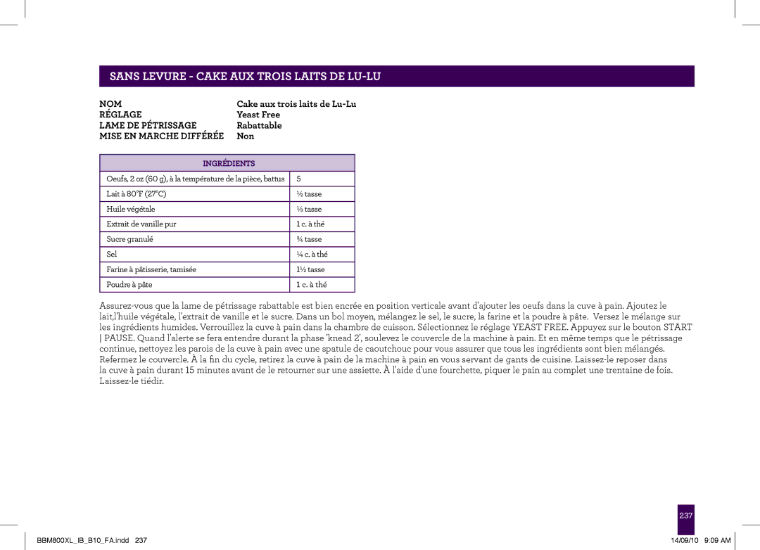 Breville BBM800XL, The Custom Loaf manual PAgeNSS headerLEVURE-.....CAKE AUX Trois Laits DE LU-LU 