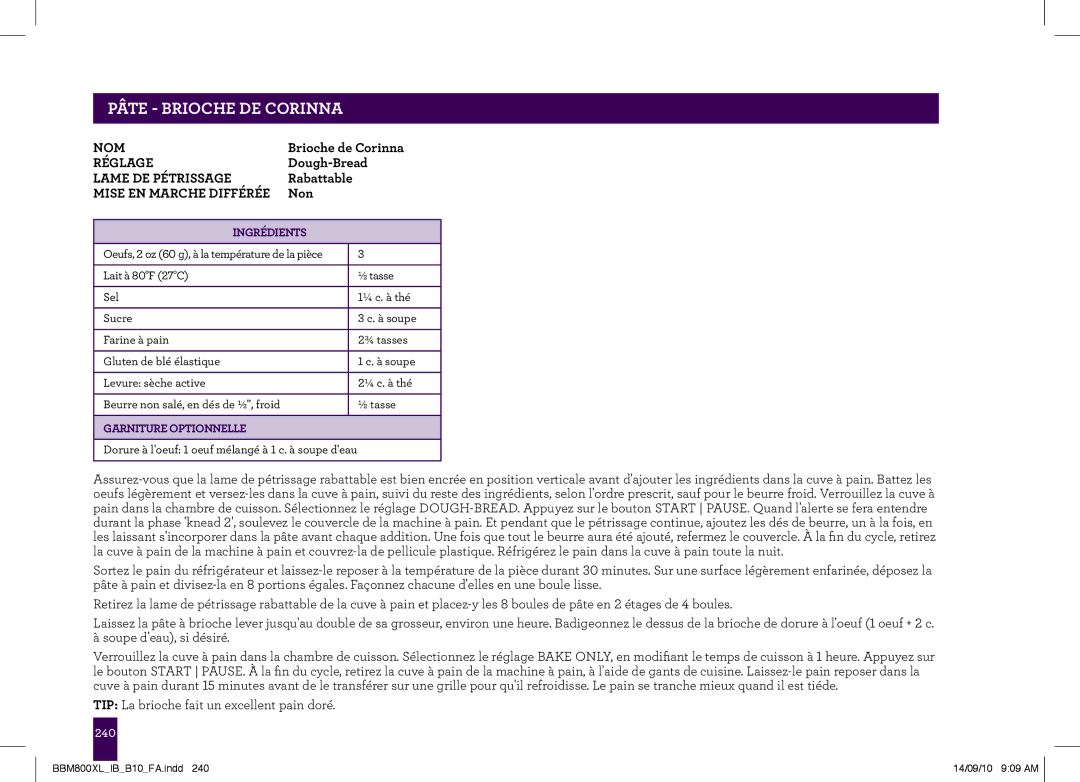Breville The Custom Loaf, BBM800XL manual PÂTEAge-headerBRIOCHE.....DE Corinna, Ingrédients 