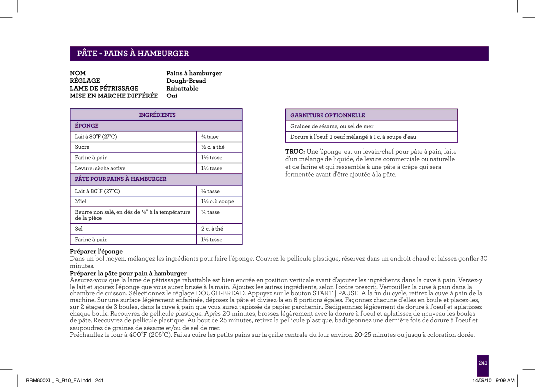 Breville BBM800XL, The Custom Loaf manual PÂTEAge-headerPAINS À.....HAMBURGER, Pâte Pour Pains À Hamburger 