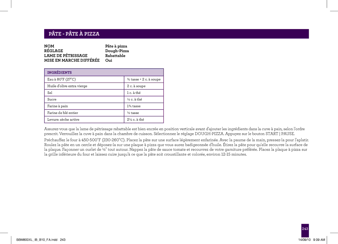 Breville BBM800XL, The Custom Loaf manual PÂTEAge-headerPÂTE À .....PIZZA 