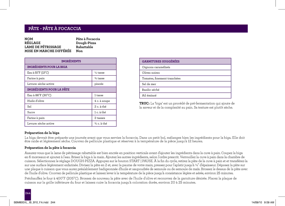 Breville The Custom Loaf, BBM800XL PÂTEAge-headerPÂTE À .....FOCACCIA, Ingrédients Pour LA Biga, Ingrédients Pour LA Pâte 
