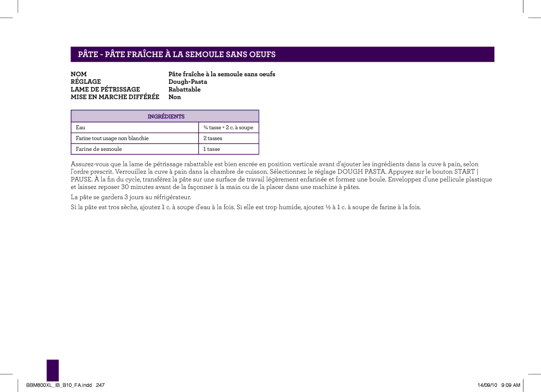 Breville BBM800XL, The Custom Loaf manual LA Semoule Sans Oeufs 