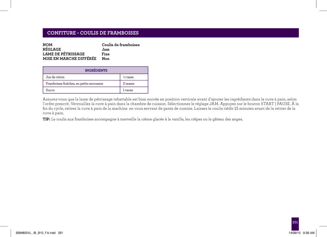 Breville BBM800XL, The Custom Loaf manual DE Framboises, Ingrédients 
