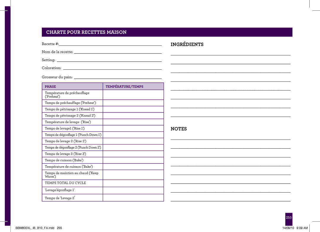 Breville BBM800XL, The Custom Loaf manual PAgeCHARTEheaderPOUR.....RECETTES Maison, Phase 