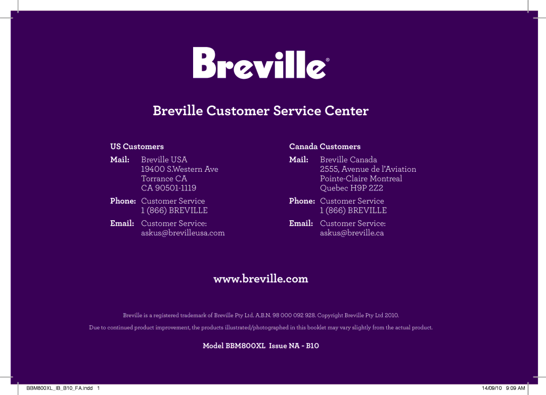 Breville The Custom Loaf, BBM800XL manual Breville Customer Service Center, US Customers Canada Customers Mail 