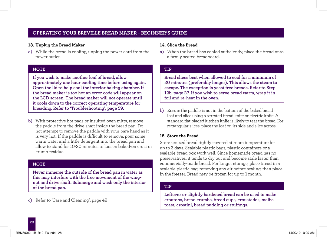 Breville The Custom Loaf, BBM800XL manual Unplug the Bread Maker, Slice the Bread, Store the Bread 