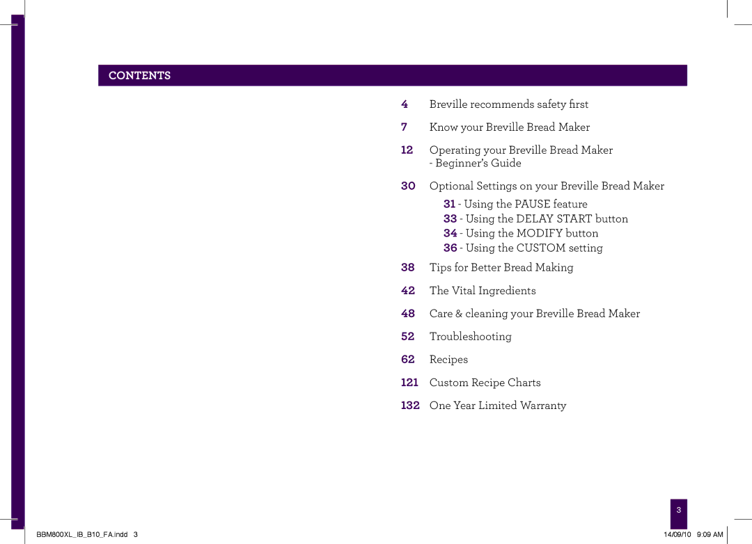 Breville BBM800XL, The Custom Loaf manual Contents 