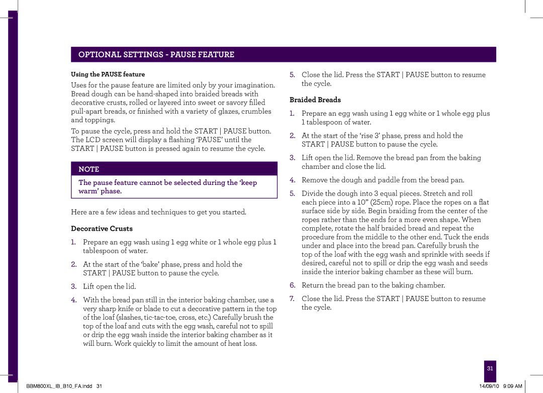 Breville BBM800XL, The Custom Loaf manual Optional Settings Pause Feature, Decorative Crusts, Braided Breads 