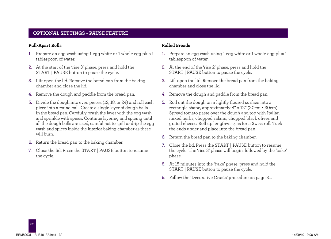 Breville The Custom Loaf, BBM800XL manual Pull-Apart Rolls, Rolled Breads 