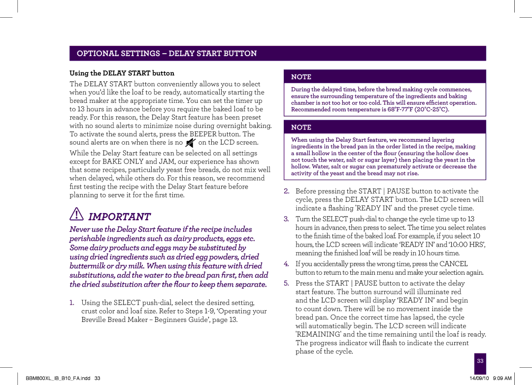 Breville BBM800XL, The Custom Loaf manual Optional Settings Delay Start Button, Using the Delay Start button 