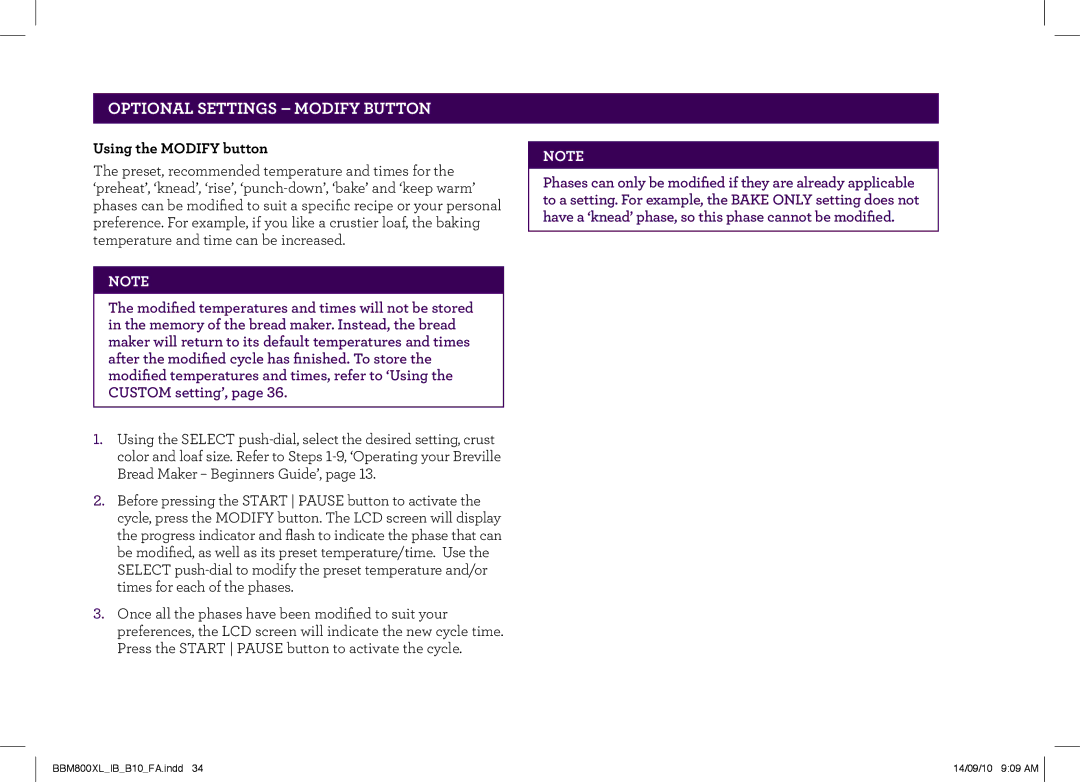 Breville The Custom Loaf, BBM800XL manual Optional Settings Modify button, Using the Modify button 