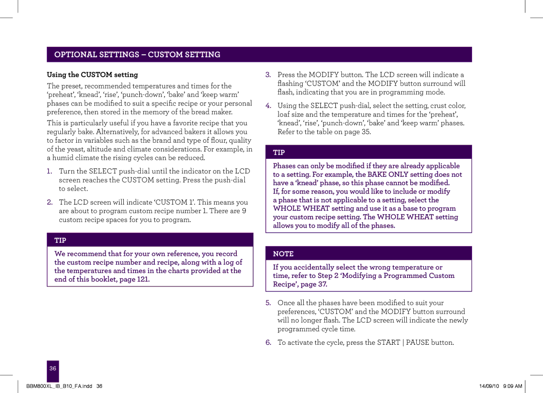 Breville The Custom Loaf, BBM800XL manual Optional Settings Custom setting, Using the Custom setting 