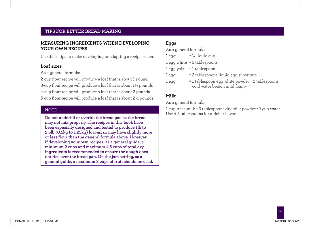 Breville BBM800XL, The Custom Loaf manual Measuring ingredients when developing your own recipes 