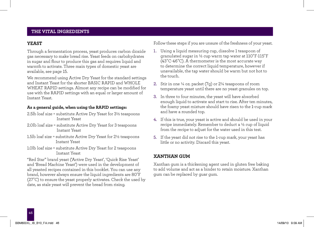 Breville The Custom Loaf, BBM800XL manual Yeast, As a general guide, when using the Rapid settings 