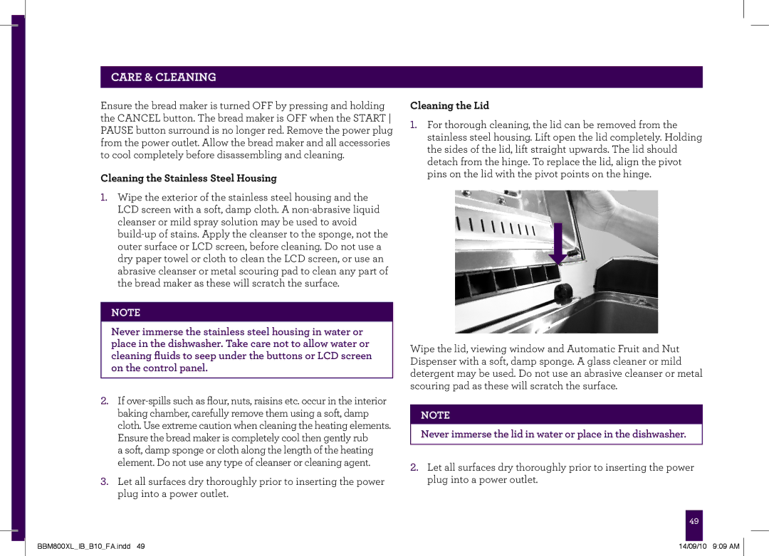 Breville BBM800XL, The Custom Loaf manual Care & cleaning, Cleaning the Stainless Steel Housing, Cleaning the Lid 
