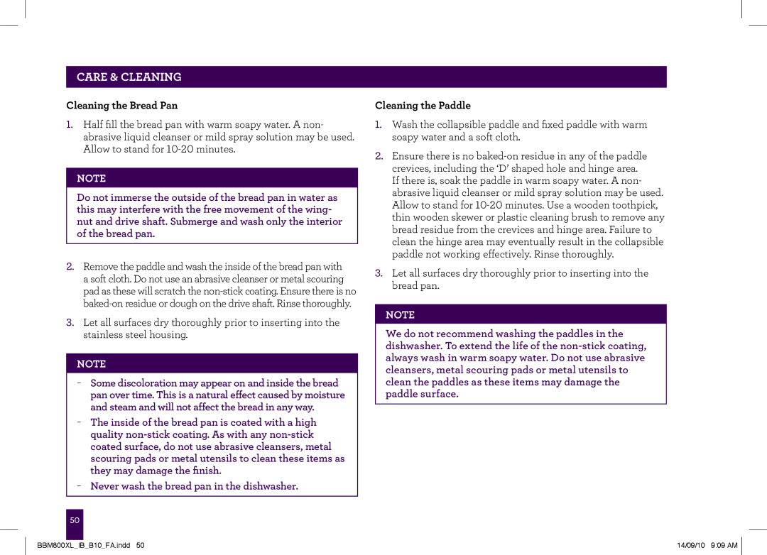Breville The Custom Loaf, BBM800XL manual Cleaning the Bread Pan, Cleaning the Paddle 