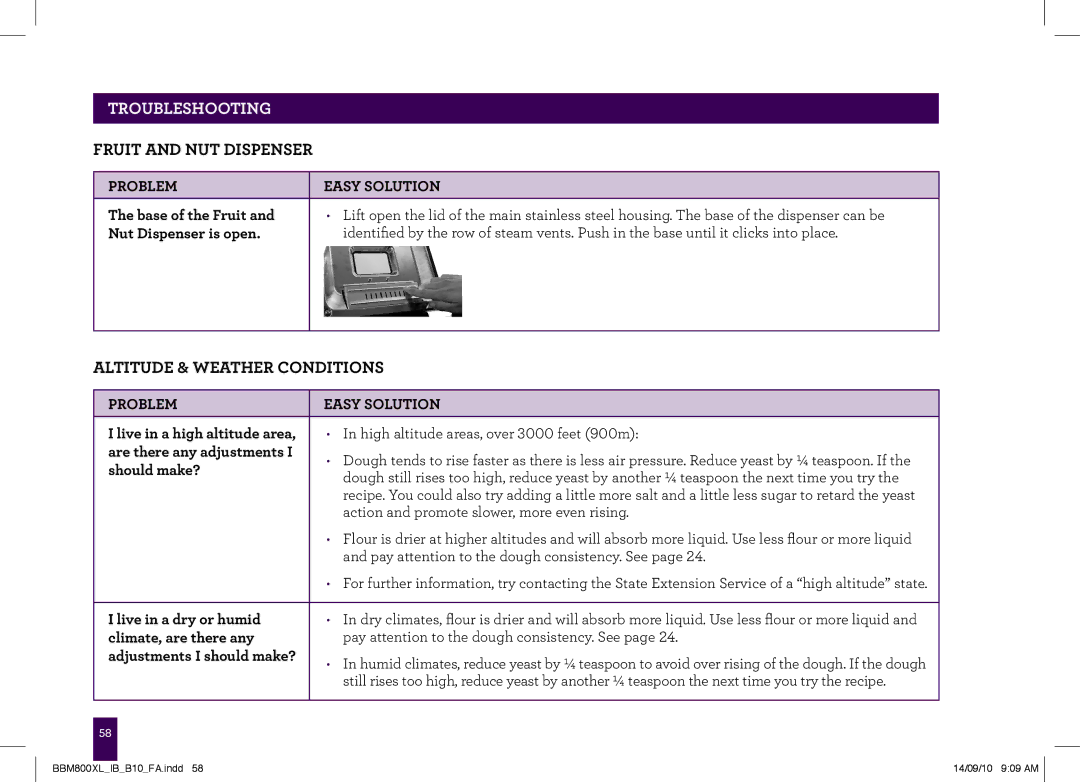 Breville The Custom Loaf, BBM800XL manual Fruit and NUT Dispenser, Altitude & Weather Conditions 