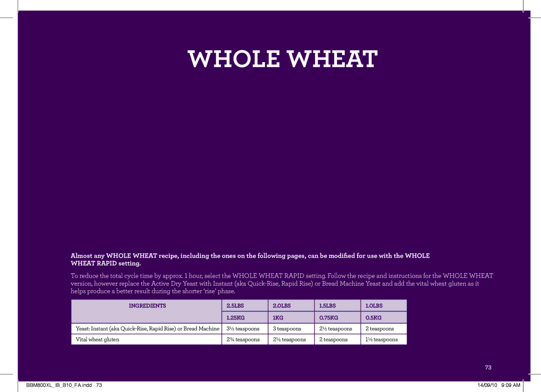 Breville BBM800XL, The Custom Loaf manual Whole Wheat 