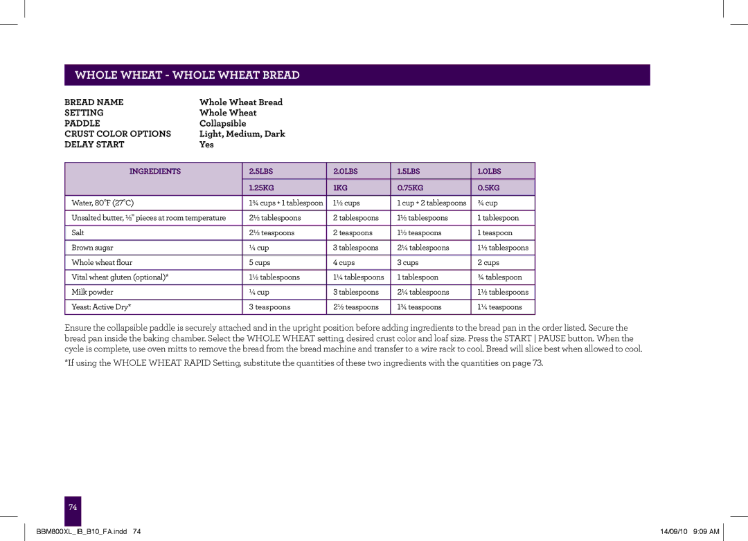 Breville The Custom Loaf, BBM800XL manual PAgewholeheaderwheat.....- Whole Wheat Bread 