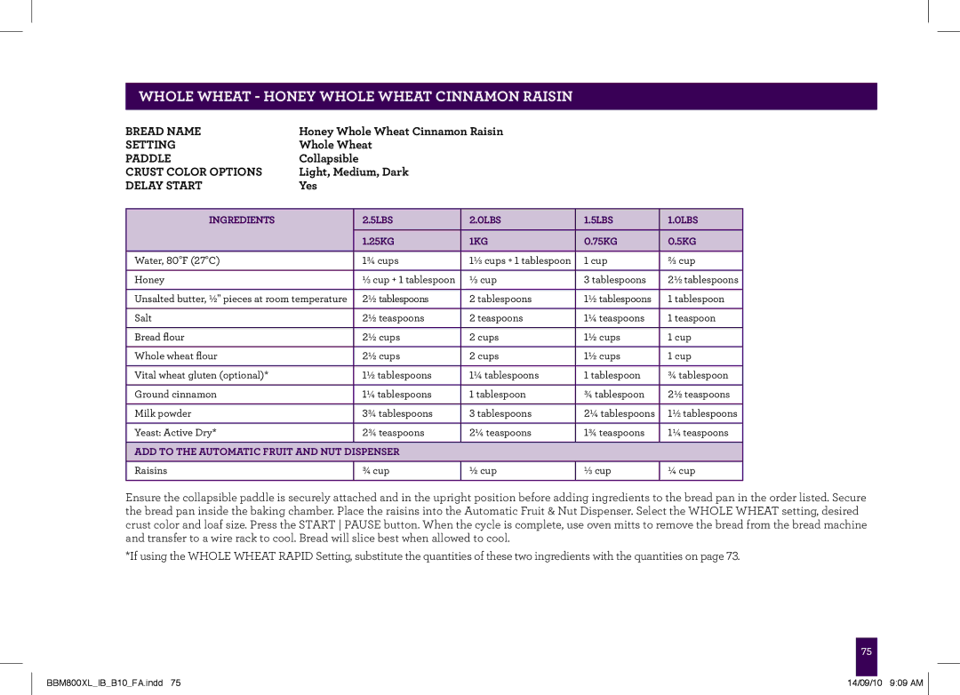 Breville BBM800XL manual Whole wheat Honey Whole Wheat Cinnamon Raisin, ADD to the Automatic Fruit and NUT Dispenser 