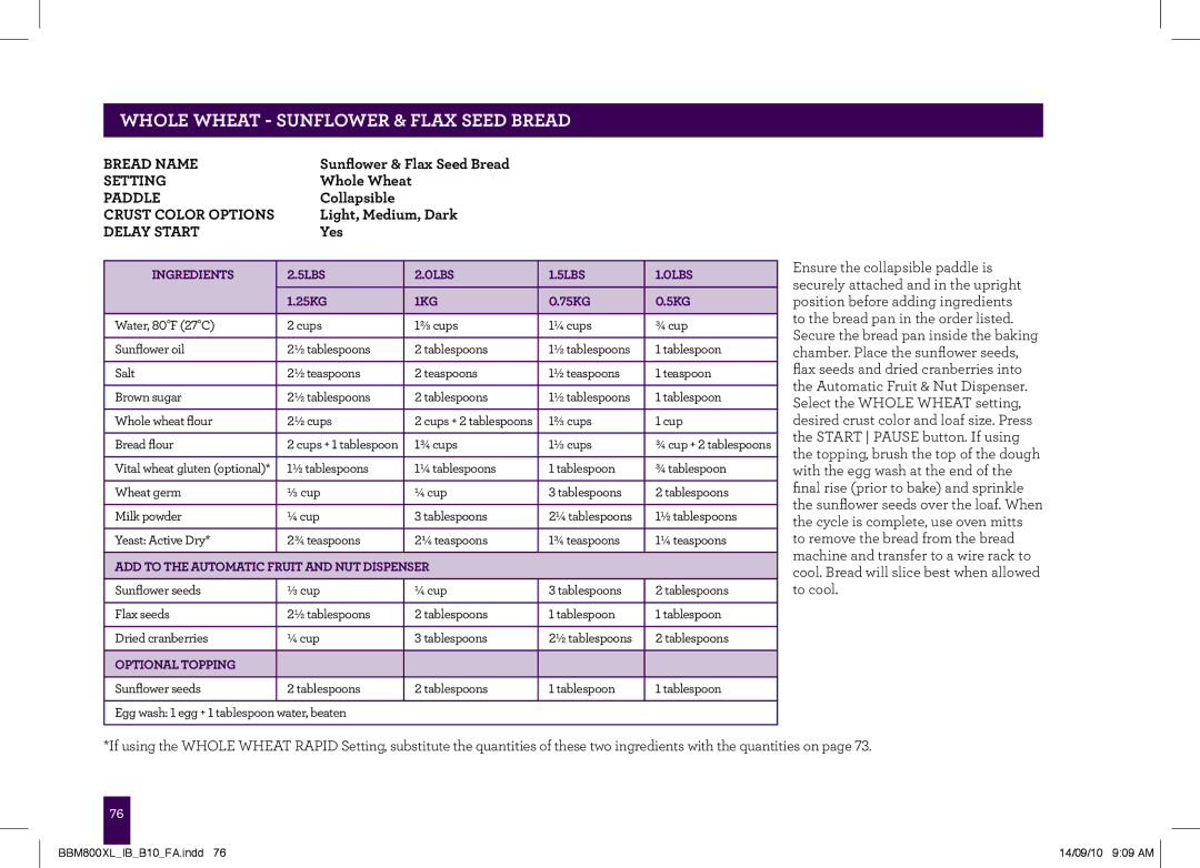 Breville The Custom Loaf, BBM800XL manual Whole wheat Sunflower & Flax Seed Bread, Optional Topping 