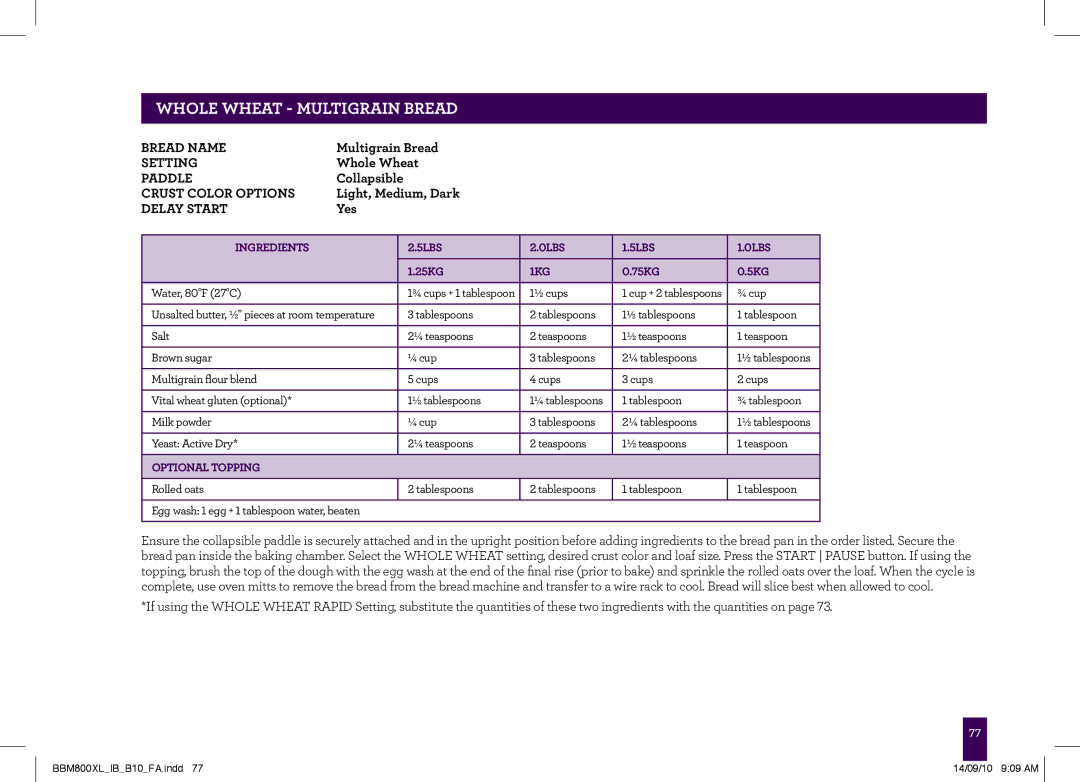 Breville BBM800XL, The Custom Loaf manual Whole wheat Multigrain Bread 