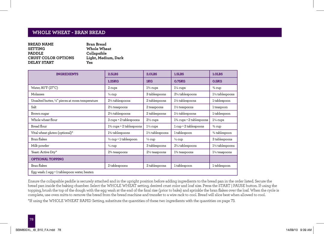 Breville The Custom Loaf, BBM800XL manual Whole wheat Bran Bread 