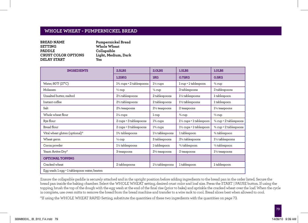 Breville BBM800XL, The Custom Loaf manual Whole wheat Pumpernickel Bread 