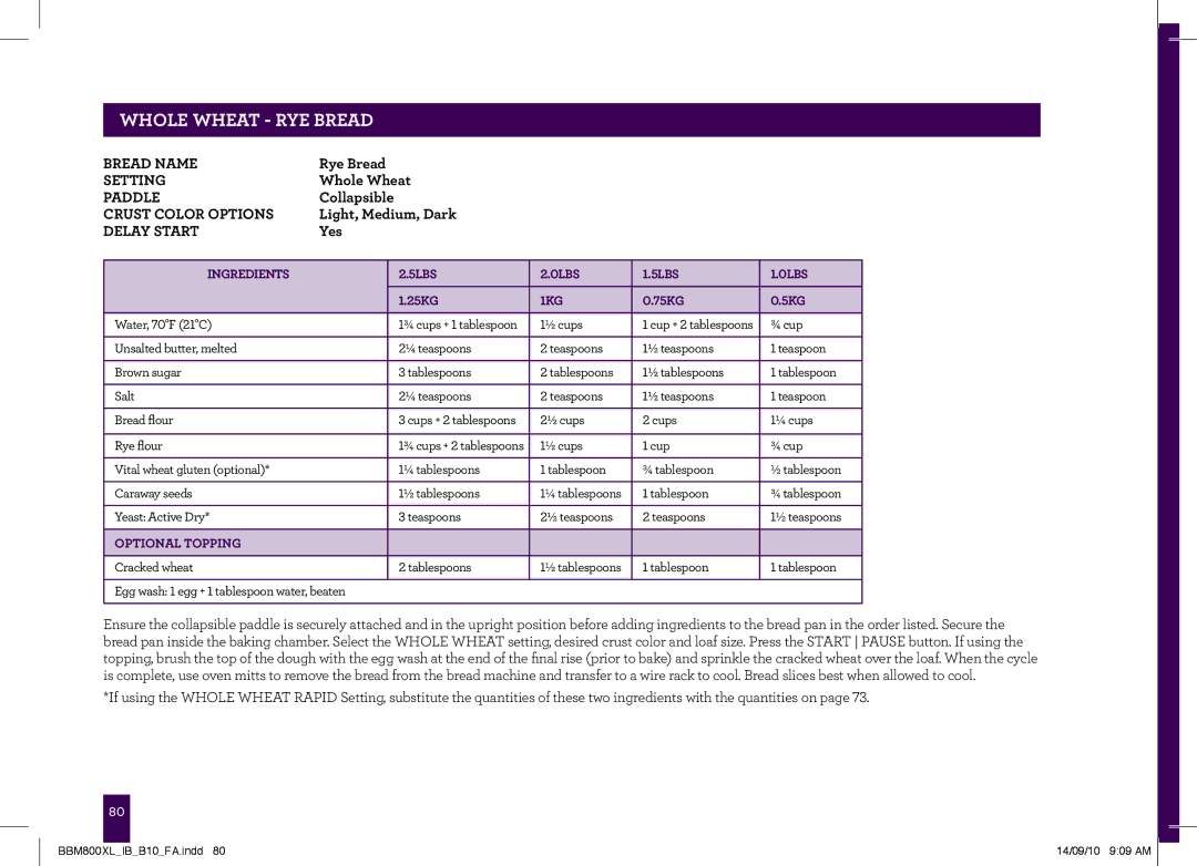 Breville The Custom Loaf, BBM800XL manual Whole wheat Rye Bread 