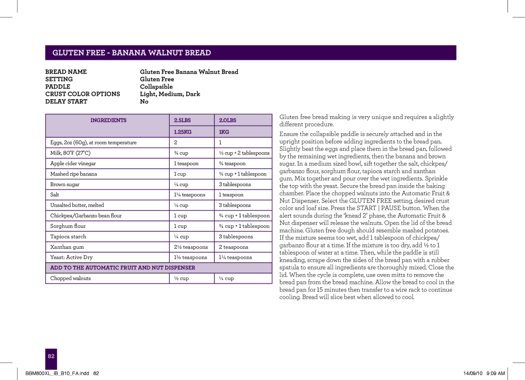 Breville The Custom Loaf, BBM800XL manual Gluten Free Banana Walnut Bread, 5lbs 0lbs 25kg 1kg 