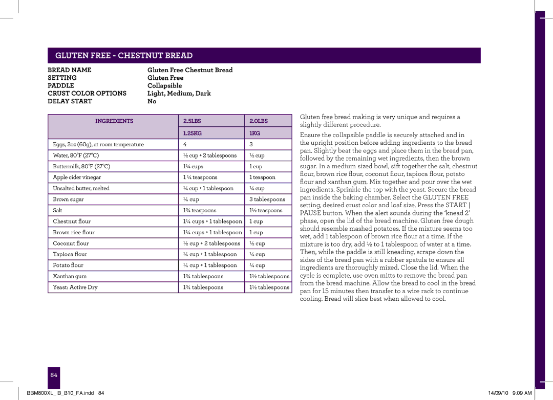 Breville The Custom Loaf, BBM800XL manual Gluten Free Chestnut Bread 