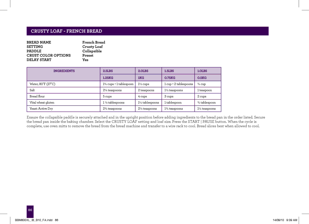 Breville The Custom Loaf, BBM800XL manual CRUSTy Loaf French Bread 