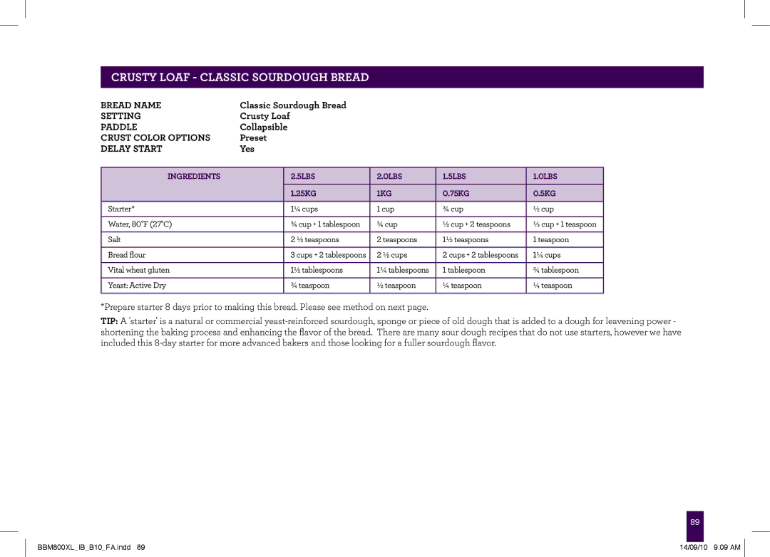 Breville BBM800XL, The Custom Loaf manual CRUSTy Loaf Classic Sourdough Bread 