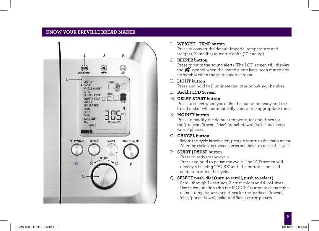 Breville BBM800XL Weight Temp button, Beeper button, Light button, Backlit LCD Screen Delay Start button, Modify button 