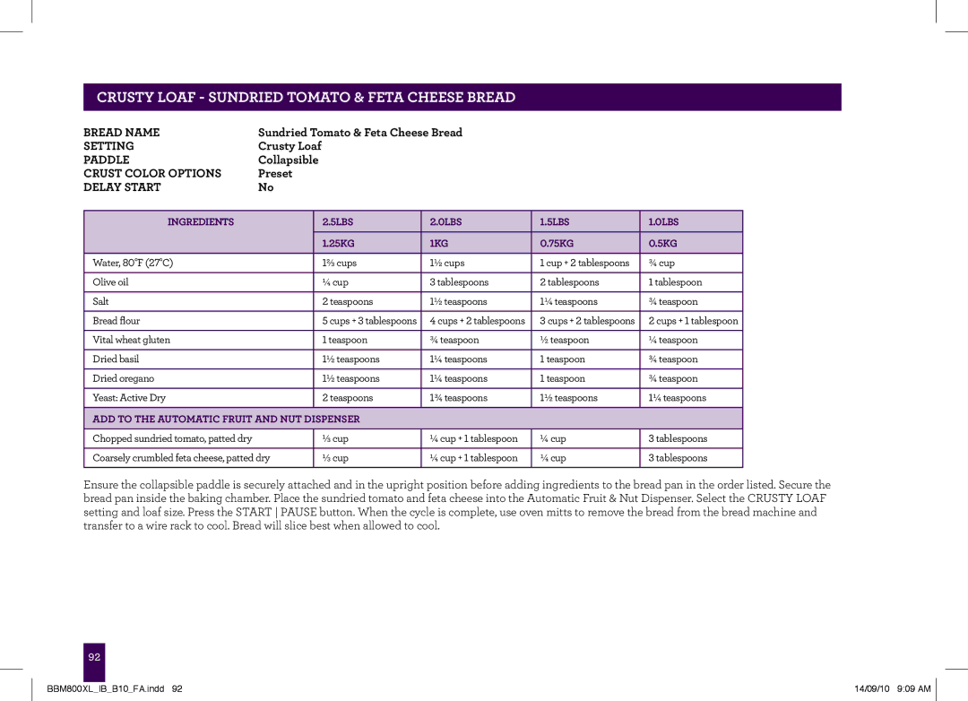 Breville The Custom Loaf, BBM800XL manual CRUSTy Loaf Sundried Tomato & Feta Cheese Bread 
