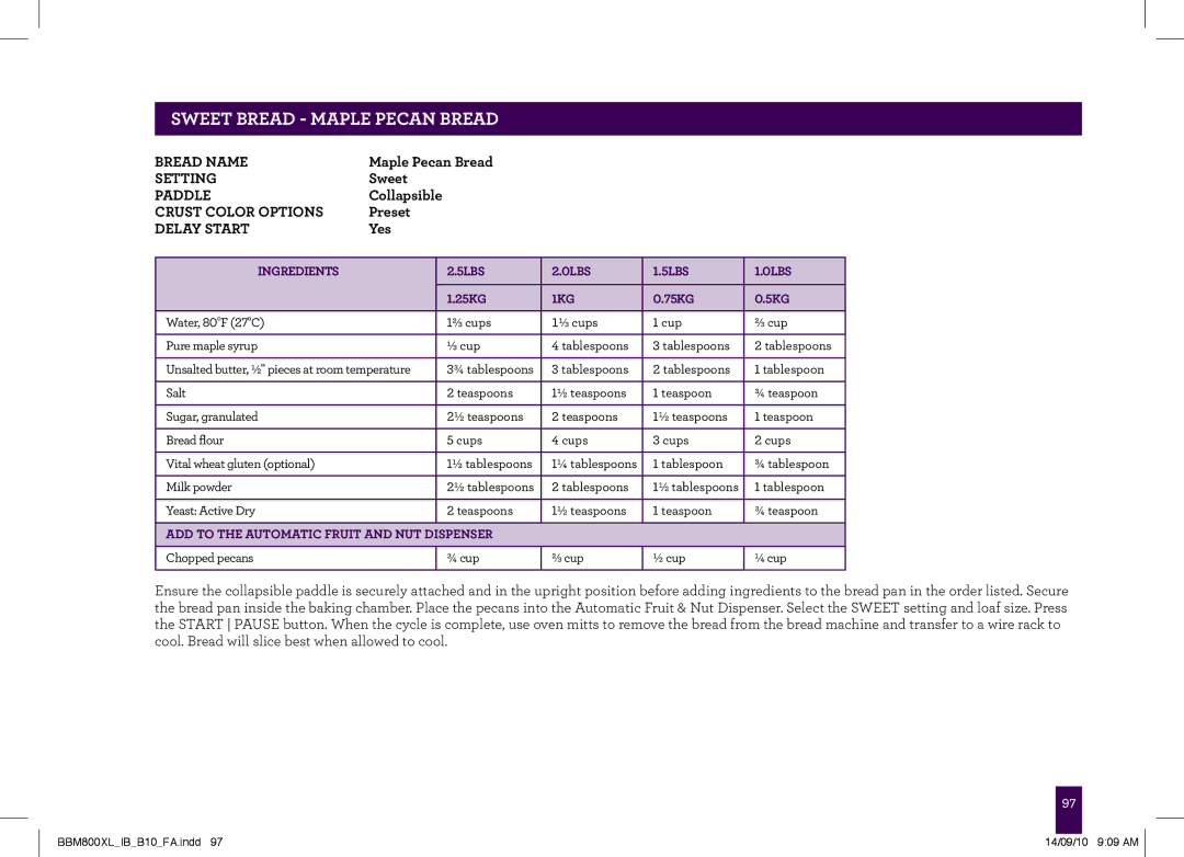 Breville BBM800XL, The Custom Loaf manual Sweet bread Maple Pecan Bread, ADD to the Automatic Fruit and NUT Dispenser 