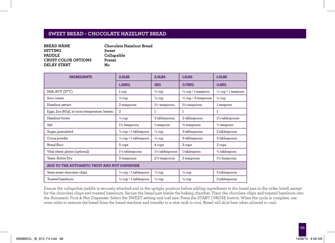 Breville BBM800XL, The Custom Loaf manual Sweet bread Chocolate Hazelnut Bread 