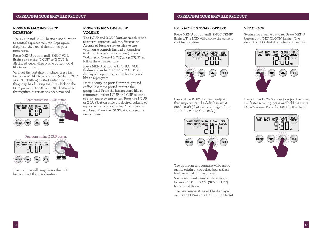 Breville the Dual Boiler manual Reprogramming Shot Duration, Reprogramming Shot Volume, Extraction temperature Set Clock 