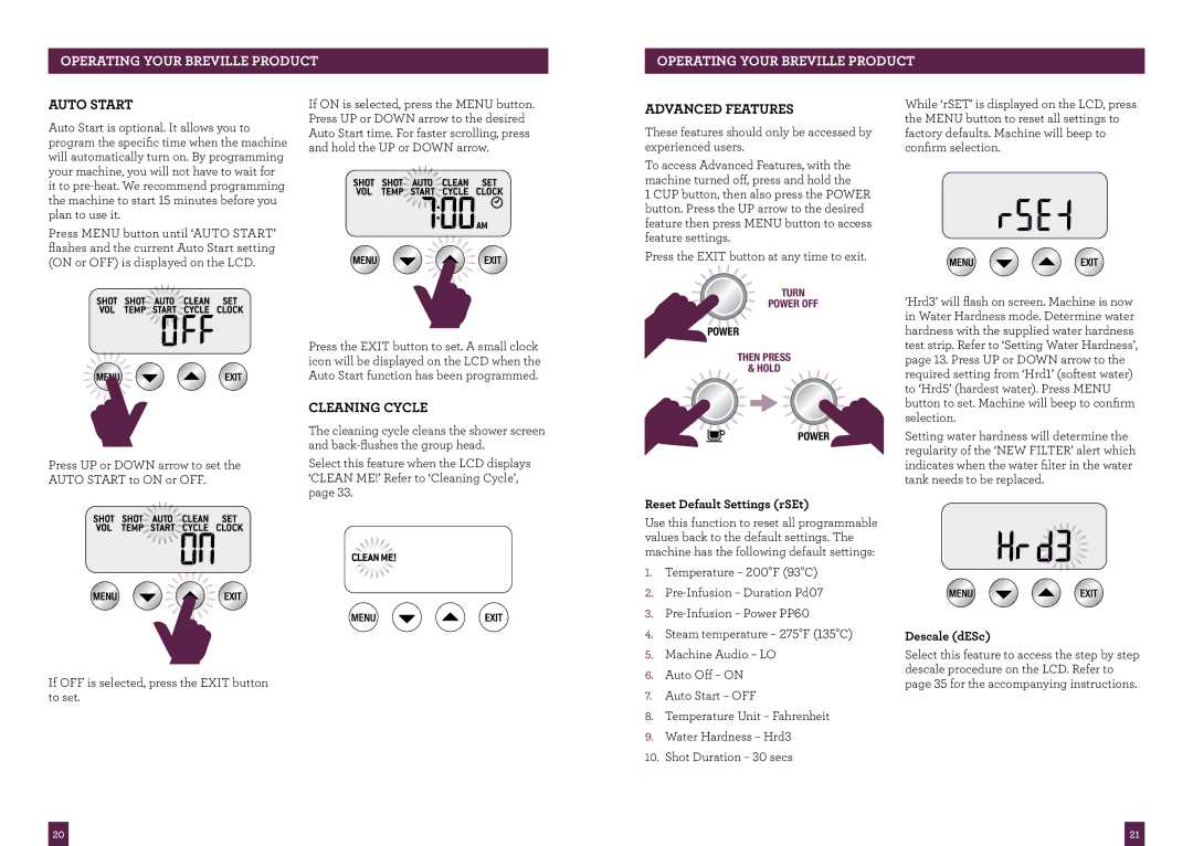 Breville BES920XL manual Auto Start, Cleaning Cycle, Advanced Features, Reset Default Settings rSEt, Descale dESc 