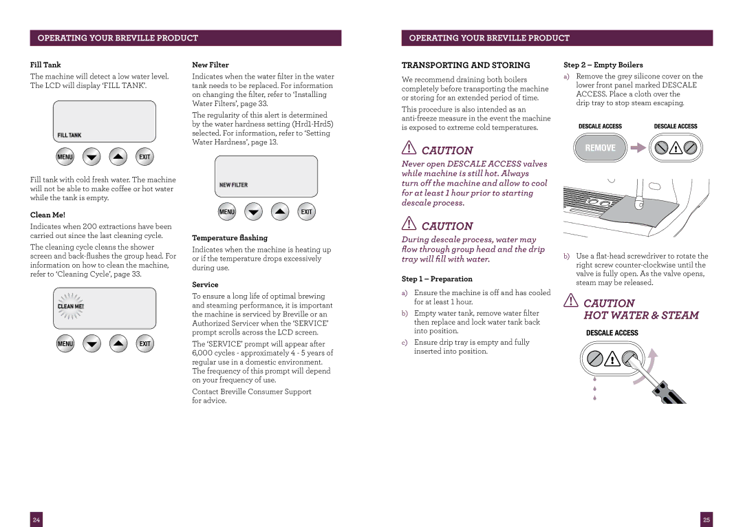 Breville BES920XL, the Dual Boiler manual Transporting and storing 