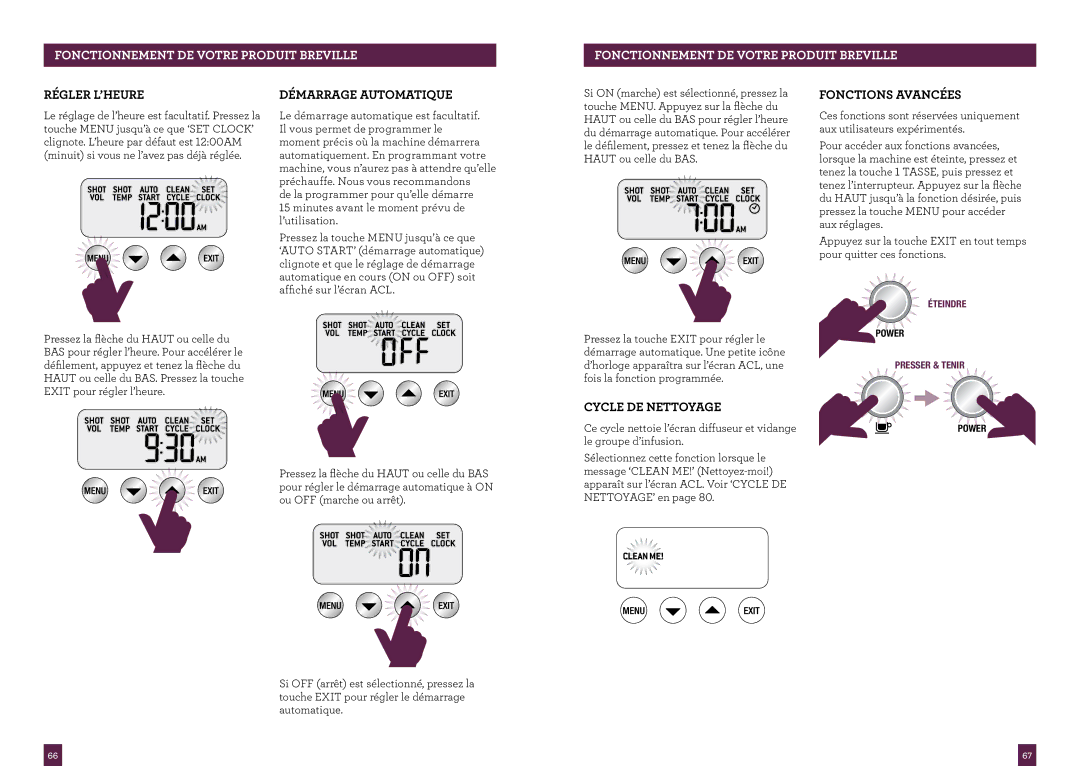 Breville the Dual Boiler, BES920XL manual Régler L’HEURE, Démarrage Automatique, Fonctions Avancées, Cycle DE Nettoyage 