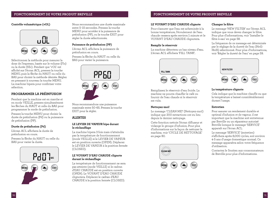 Breville the Dual Boiler, BES920XL manual Programmer LA Préinfusion, Alertes 