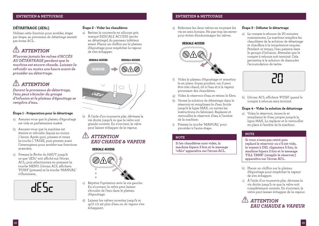 Breville the Dual Boiler, BES920XL manual Détartrage dESc, Étape 3 Débuter le détartrage 