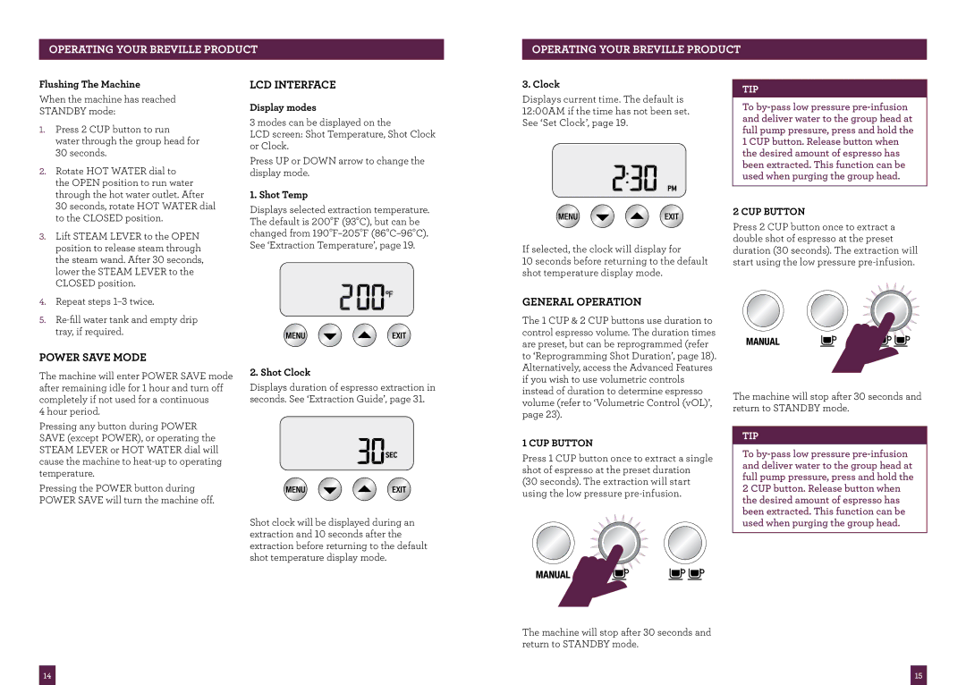 Breville the Dual Boiler, BES920XL manual LCD Interface, Power Save Mode, General Operation, CUP Button 