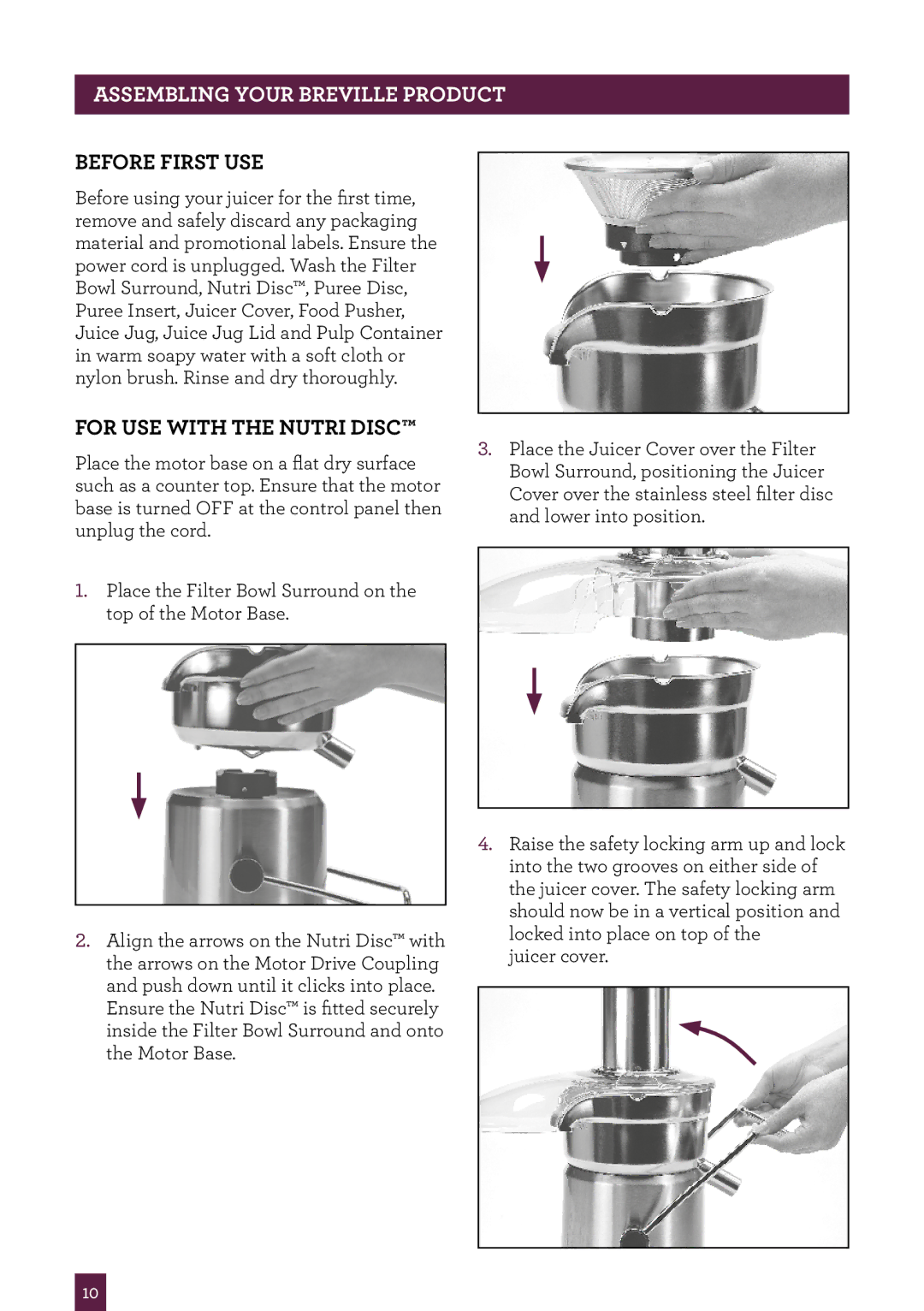 Breville the Juice Fountain Duo, BJE820XL manual PAgeASSEMBLINGheaderYOUR..... Breville product, Before first use 