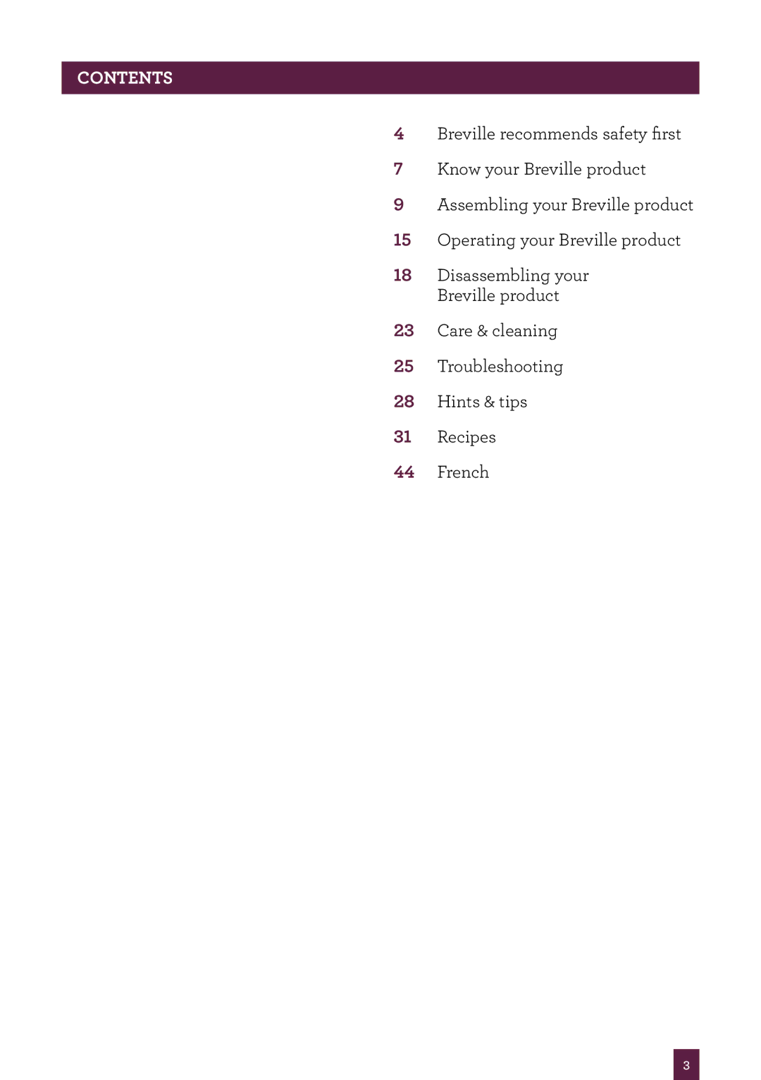 Breville BJE820XL, the Juice Fountain Duo manual Contents 