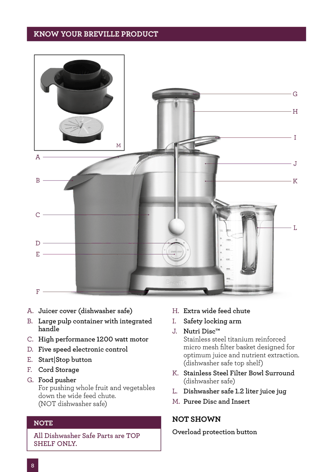 Breville the Juice Fountain Duo, BJE820XL manual PAgeKNOWheaderyour Breville..... product, Not Shown 