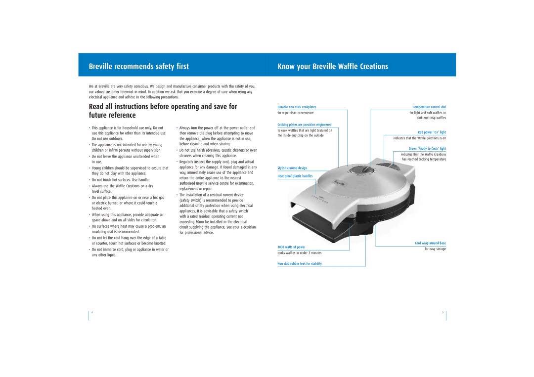 Breville WM800B manual Breville recommends safety first, Know your Breville Waffle Creations 