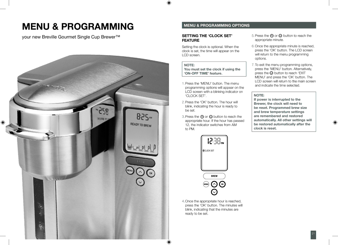 Breville BKC700XL, XXBKC600XL manual Menu & Programming, Menu & programming options, Setting the ‘CLOCK SET’ feature 