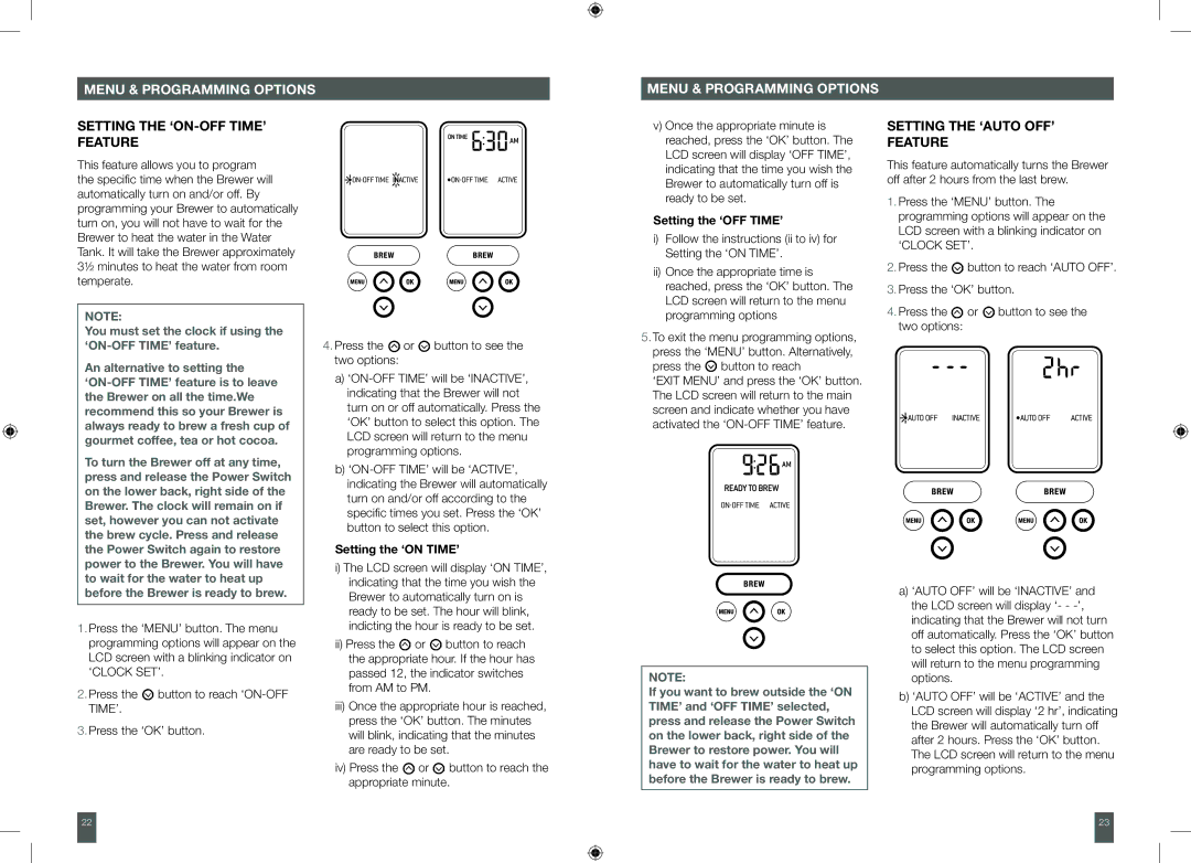 Breville XXBKC600XL, BKC700XL Setting the ‘ON-OFF TIME’ feature, Setting the ‘AUTO OFF’ Feature, Press the button to reach 